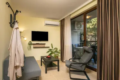 a living room with a couch and a chair at Апартамент Боров рай in Velingrad
