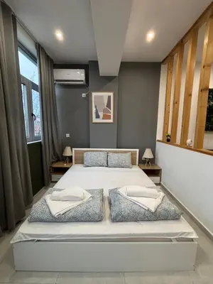 a bedroom with a large white bed with two pillows at Luxury & Comfort near the University in Blagoevgrad