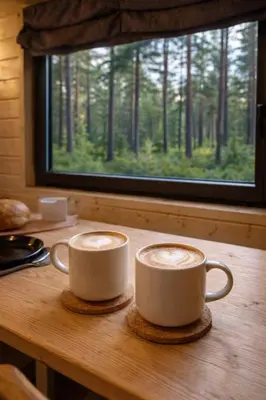 two cups of coffee sitting on a table in front of a window at Малка Къщичка Бяла Черква