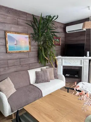 a living room with a couch and a fireplace at Apartment at the foot of Pirin in Bansko