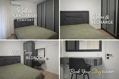 four pictures of a bedroom with a bed and a chair at River side apartment in Sandanski