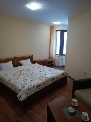 a hotel room with a bed and a couch at Студио Студенец in Pamporovo