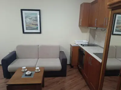 a living room with a couch and a table at Студио Студенец in Pamporovo