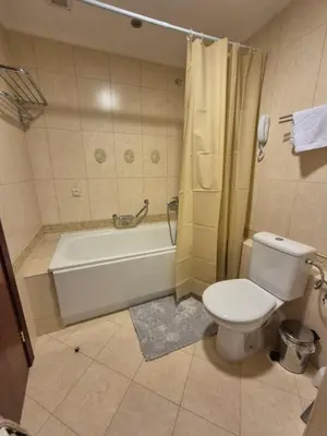 a bathroom with a toilet and a tub and a sink at Mountain Heaven Downtown in Bansko
