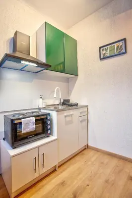 a small kitchen with a microwave and a sink at Cozy Homes Slivnitsa Studios in Sofia