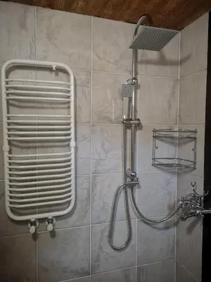 a shower with a shower head in a bathroom at Guest House Zlatniyat Telets in Koprivshtitsa