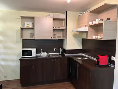 a kitchen with a sink and a microwave at Частен апартамент Банско in Bansko