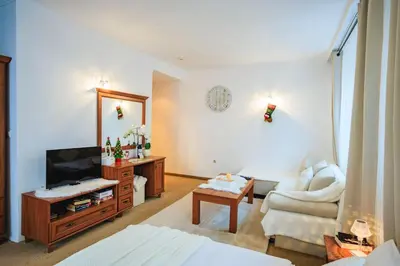 a living room with a television and a couch at Bansko Peak Apartments 304 in Bansko