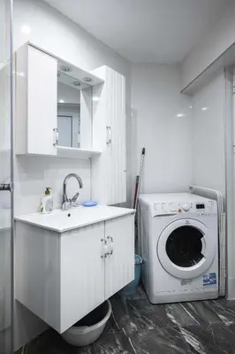 a laundry room with a washing machine and a sink at Sunny & Modern 1BR Apartment in Sofia