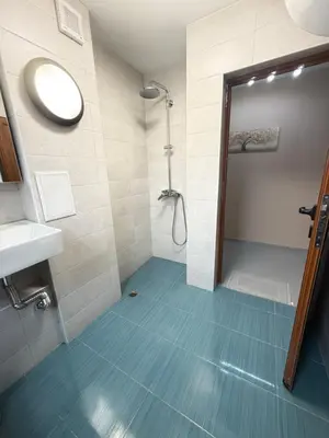 a bathroom with a shower and a sink at New cozy apartment with undefloor heating 86m2 in Sofia