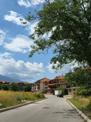 an empty street with houses and a tree at Balcony and Mountain View 7 min Walk to Ski Gondola in Bansko