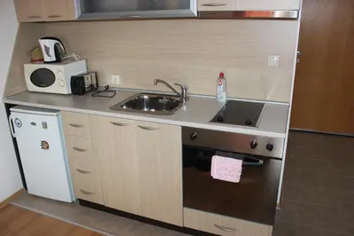 a small kitchen with a sink and a microwave at Comfort apartment in the house in Razlog