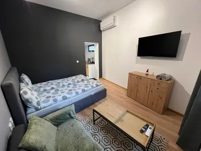 a living room with a bed and a tv at Plovdiv City Apartments in Plovdiv