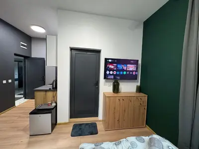 a room with a green wall with a door and a television at Plovdiv City Apartments in Plovdiv