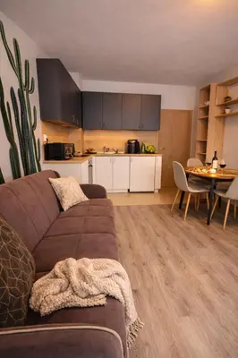 a living room with a brown couch and a kitchen at Mountain View Escape - Cozy Apt with Private Parking in Sofia
