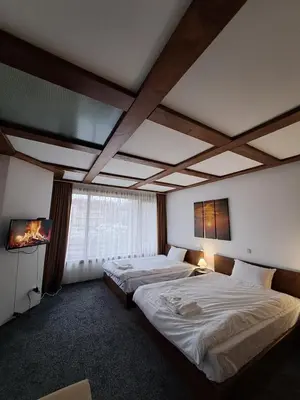 a hotel room with two beds and a tv at Цветелина и Митко in Bansko