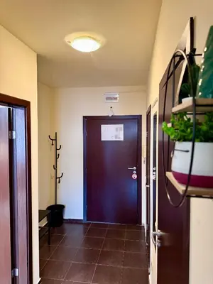 a hallway with a brown door and a plant at Gino's place 2 Home2Host in Bansko
