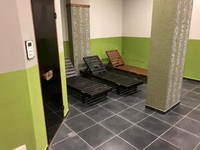 two chairs sitting in a room with green walls at Sasha Yo in Razlog