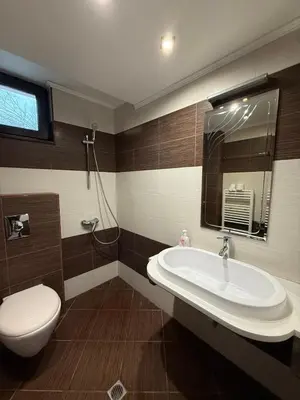 a bathroom with a sink and a toilet at Къща за гости GREEN HILLS in Beli Osŭm