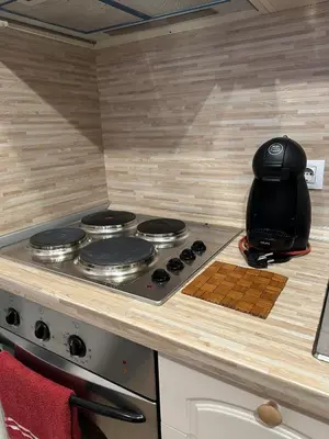 a kitchen counter with a stove top in a caravan at Borealis Apartment in Bansko