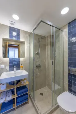 a bathroom with a shower and a sink and a toilet at Luxurious, modern house in the nature in Belchin in Belchin