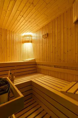 a wooden sauna with a light in the middle at Luxurious, modern house in the nature in Belchin in Belchin