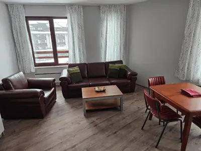a living room with a couch and a table at Predela Apartments with Spa in Bansko