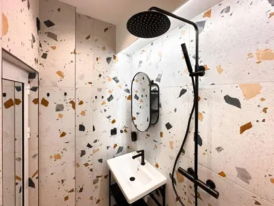 a bathroom with a sink and a shower at Duplex Retreat 2 Studios Balconies, Wi-Fi in Sofia