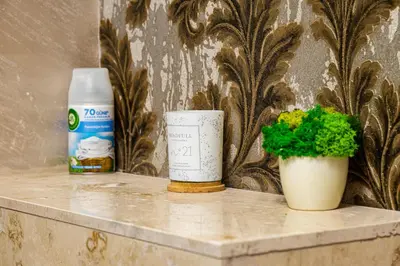 a shelf with two plants and a bottle of milk at Sunny Modern 1BR Retreat with Cozy Balcony in Plovdiv
