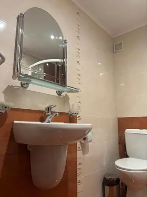 a bathroom with a sink and a toilet and a mirror at Kalaydzhiev rooms in Bansko