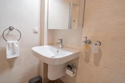 a bathroom with a white sink and a mirror at Sunny Penthouse with Mountain Views and 180 degrees Terrace in Sofia