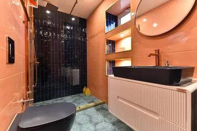 a bathroom with a black toilet and a sink at Cozy house in the heart of Pirin mountain in Razlog