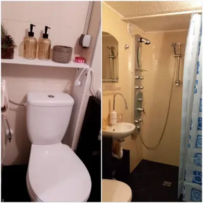 two pictures of a bathroom with a toilet and a sink at Бутикови стаи за гости- Felicita in Kyustendil