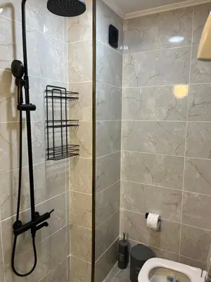 a bathroom with a shower with a toilet in it at Apartment in city center in Sofia