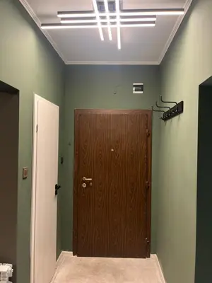 a wooden door in a room with green walls at Apartment in city center in Sofia