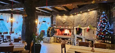 a christmas tree in a restaurant with a fireplace at Свети Георги хотел и ресторант in Govedartsi