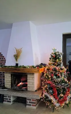 a christmas tree in front of a fireplace at Guest House Vanessa 2 in Gulubovo