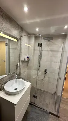 a bathroom with a shower and a white sink at Bonnie's Stylsih 2BR Home near the Palace in Sofia