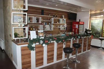 a bar with christmas decorations on the wall at morning in the mountains - apartment in Razlog