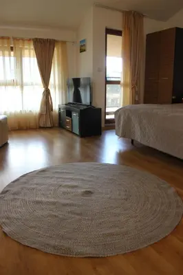 a bedroom with a bed and a rug on a wooden floor at morning in the mountains - apartment in Razlog