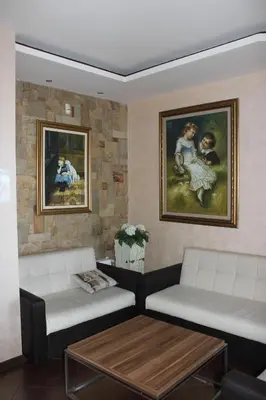 a living room with two couches and a painting at morning in the mountains - apartment in Razlog