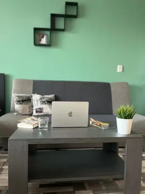 a coffee table with a laptop on a couch at Flower home 2 in Sofia