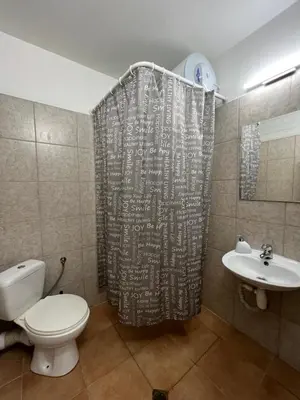 a bathroom with a toilet and a sink and a shower curtain at Flower home 2 in Sofia