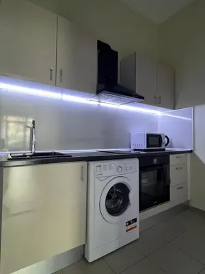 a kitchen with a washing machine and a microwave at Flower home 4 in Sofia