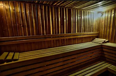 a wooden sauna with two benches in it at Deluxe Apartment in Bansko