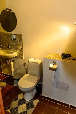 a bathroom with a toilet and a sink at Apartment Leonardo Da Vinci in Plovdiv