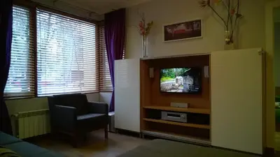 a living room with a tv and a chair at Parkview Apartments in Sofia