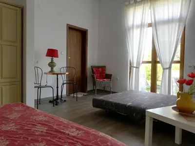 a bedroom with a bed and a table and chairs at Boomerang Guest House in Apriltsi