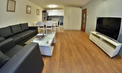 a living room with a couch and a large television at Villa Pirin in Simitli