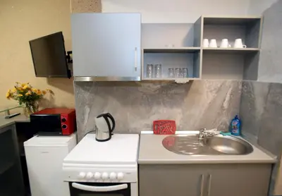 a small kitchen with a sink and a counter at COLORED HOUSE Apartments in Sofia